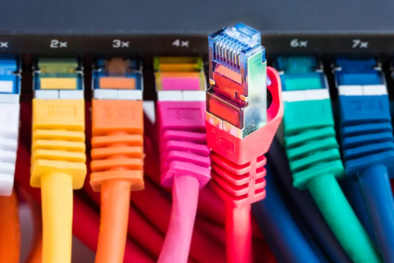 Colourful network cables plugged into the same switch, one unplugged