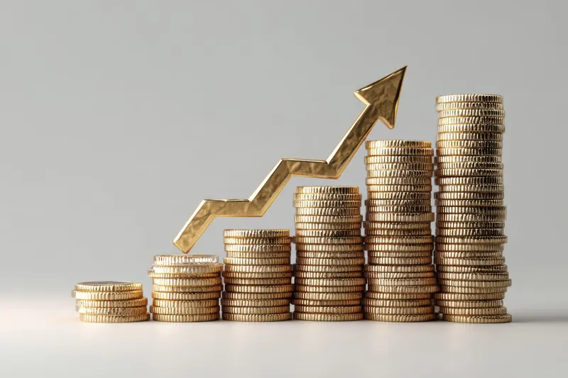 Ascending stacks of gold coins beneath a rising arrow